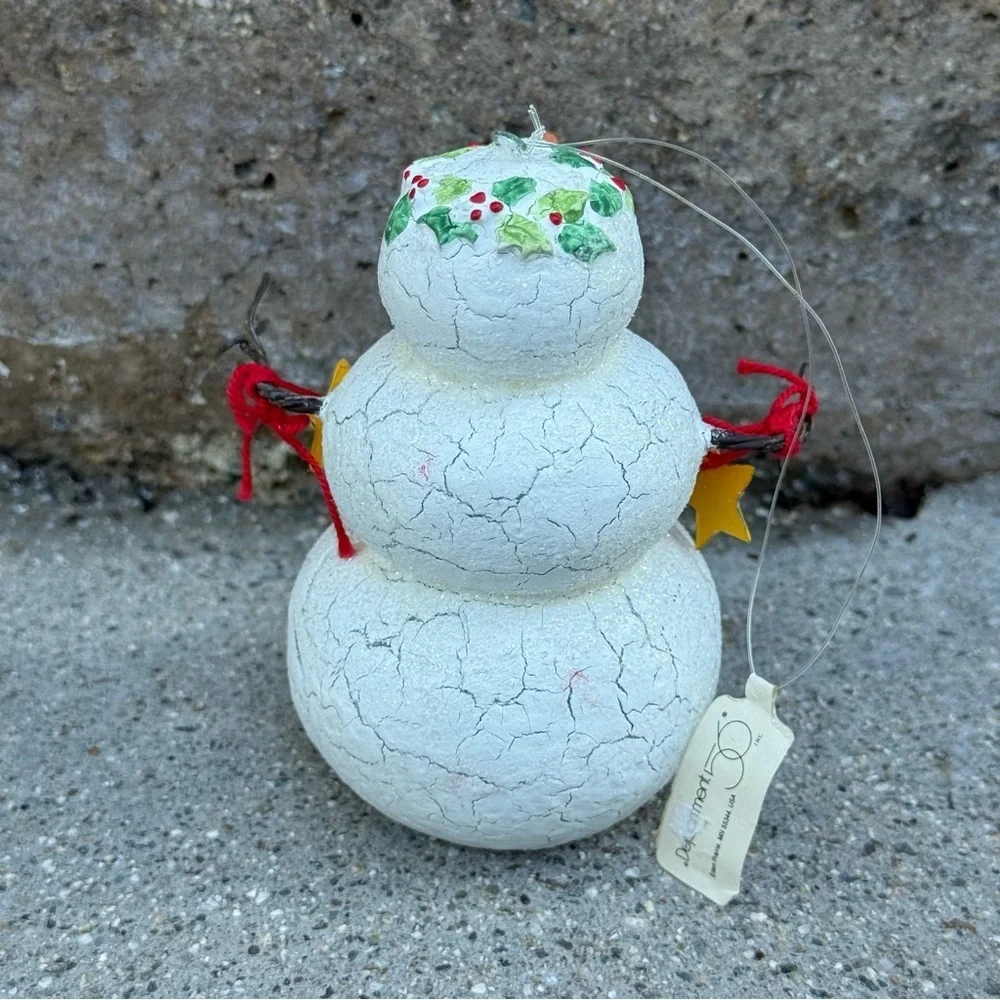 Vintage Dept 56 4” Crackle Glitter Resin Snowman with Holly and Stars